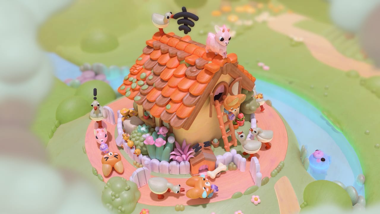 Woodo screenshot of a wooden cottage diorama with Foxy on a ladder, geese, and an orange roof