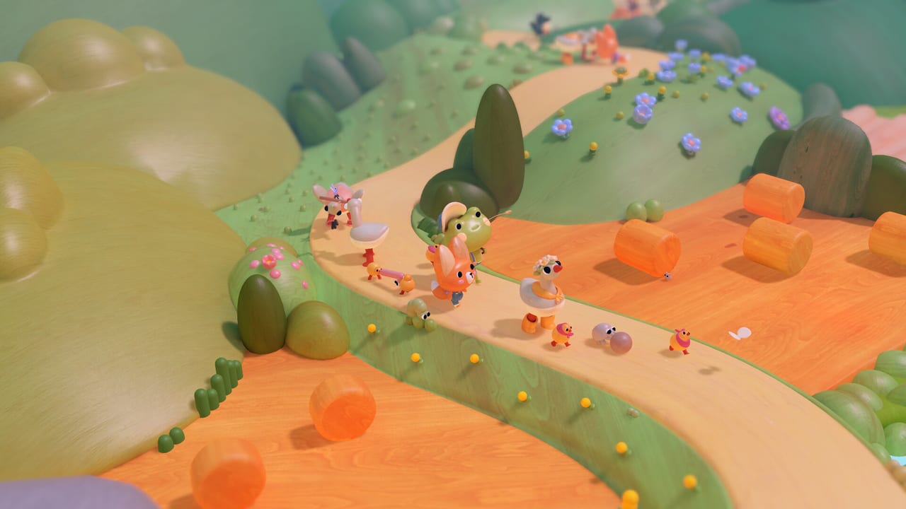 Woodo screenshot of Foxy, Ben, and village animals walking a winding wooden countryside path